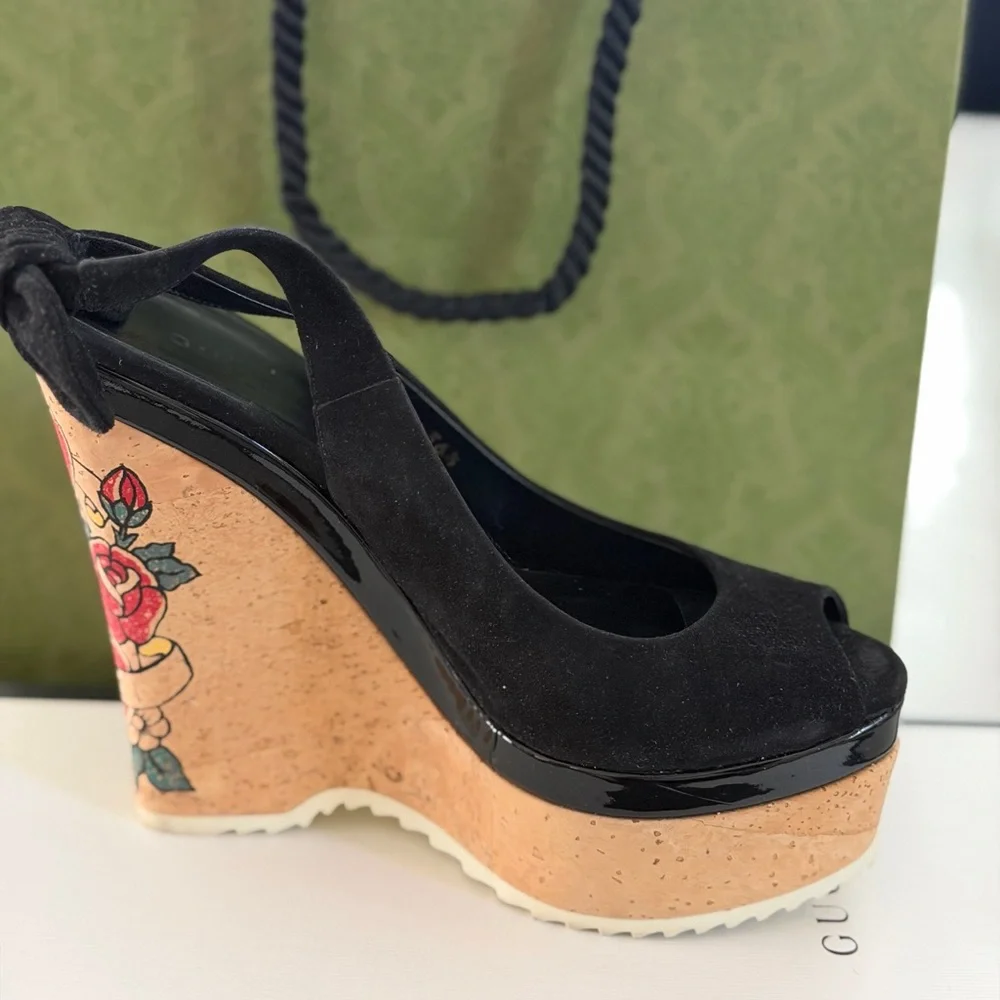 Gucci Black Suede Peep-Toe Cork Wedge Sandals